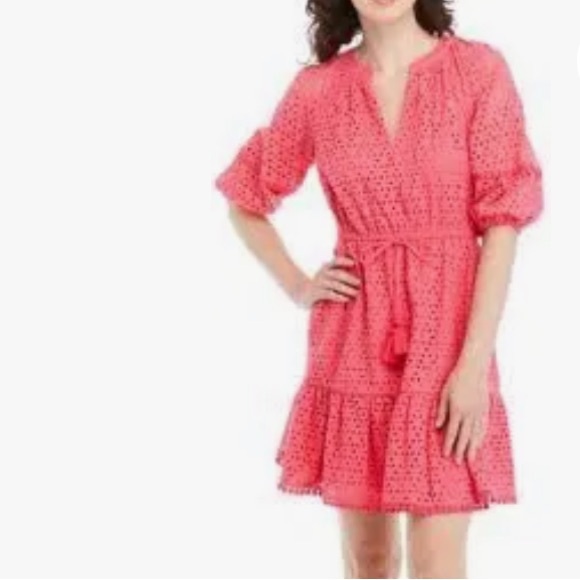 NWT Vince Camuto Pink Eyelet Cotton Balloon Sleeve A-Line Mini Dress - 12 - Picture 1 of 16